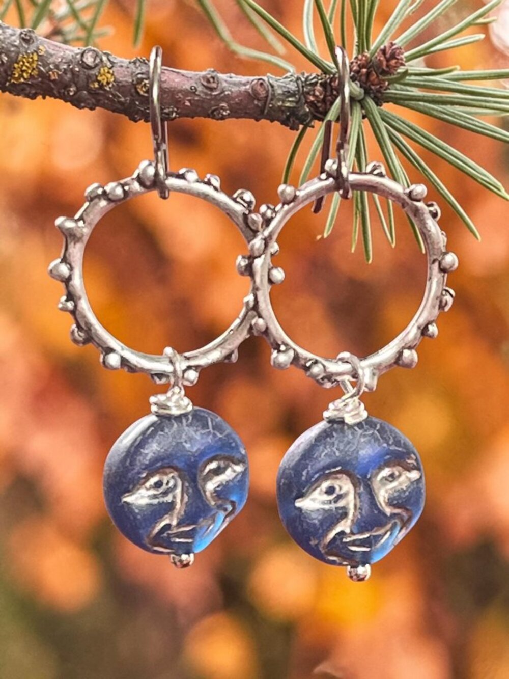Mystical Blue Moon Earrings | Celestial Boho Silver Hoop Earrings